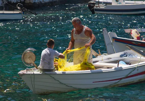 Inter-generational fishing, Ammoudi Bay, Oia, Santorini