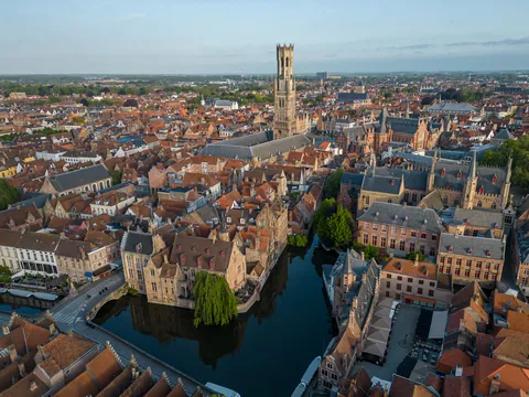 Drone view from the Rosary Quay, Bruges