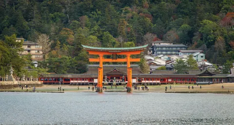 The famous Torii Gate of the Itsukushima Shrine viewed from Hiroshima Bay, Miyajima