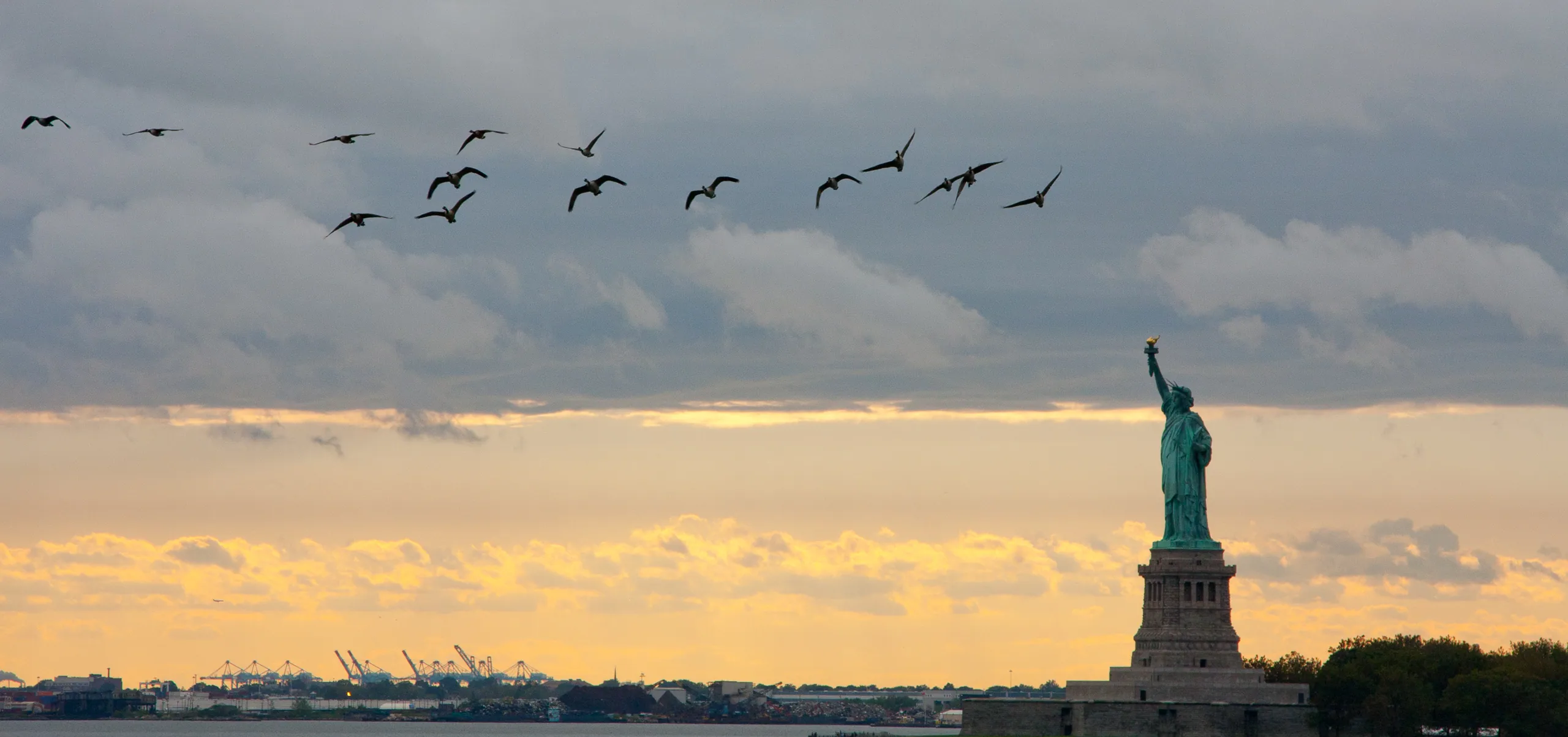 Statue of Liberty and Migrating Birds, Dusk