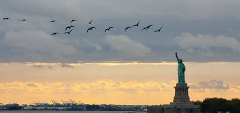 Statue of Liberty and Migrating Birds, Dusk
