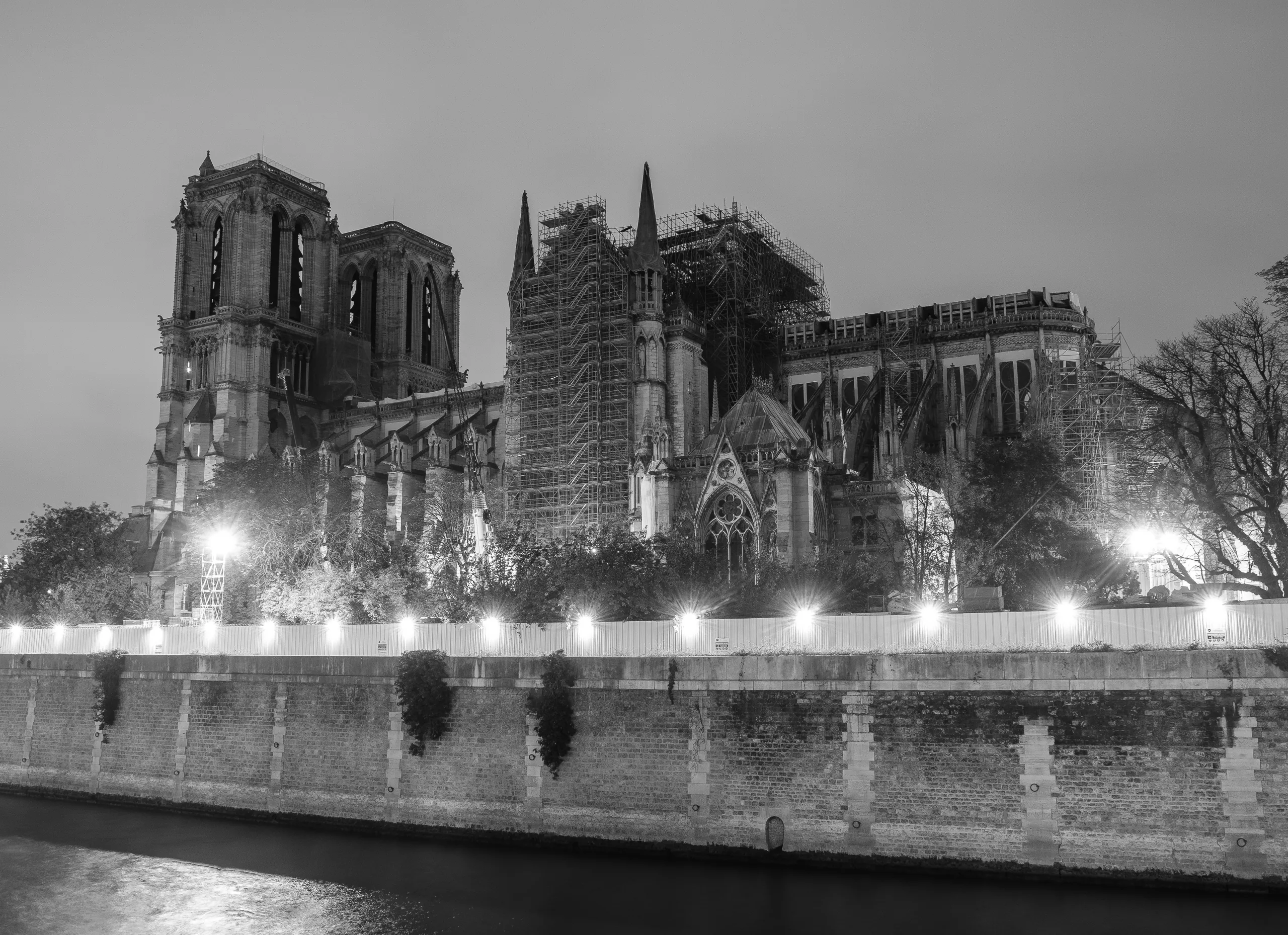 Notre Dame repair work by night