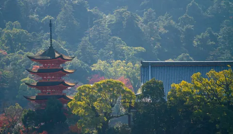 Istukushima Shrine and Pagoda from Hiroshima Bay, Miyajima