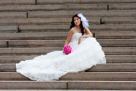 Asian Bride on Bethesda Terrace Steps, Central Park