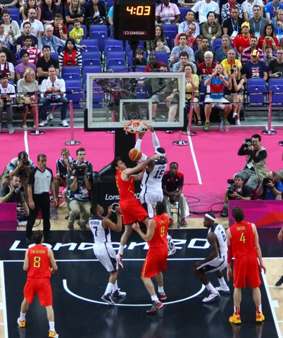 Rudy Fernandez and Carmelo Anthony tussle for the ball, USA Spain Olympic Basketball Final, August 12th 2012