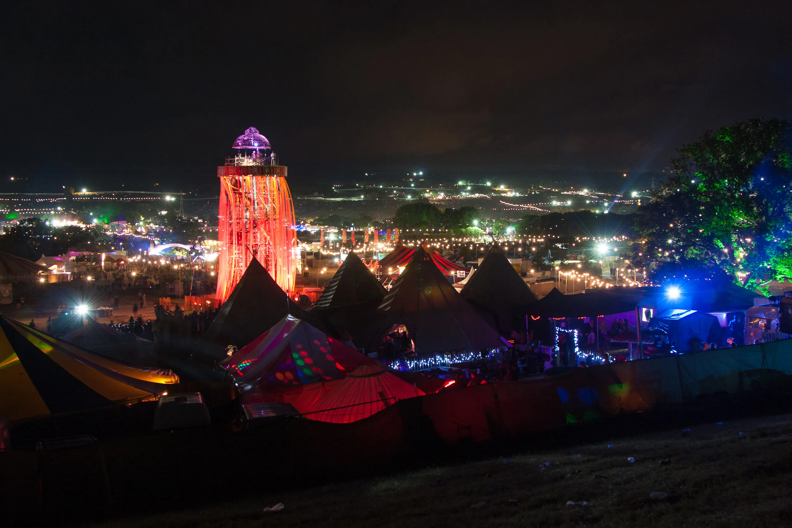 Night View of the Ribbon Tower, the Park, and Glastonbury Festival