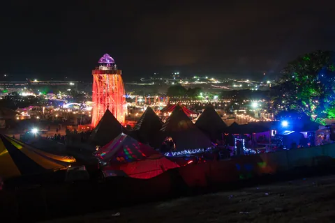 Night View of the Ribbon Tower, the Park, and Glastonbury Festival
