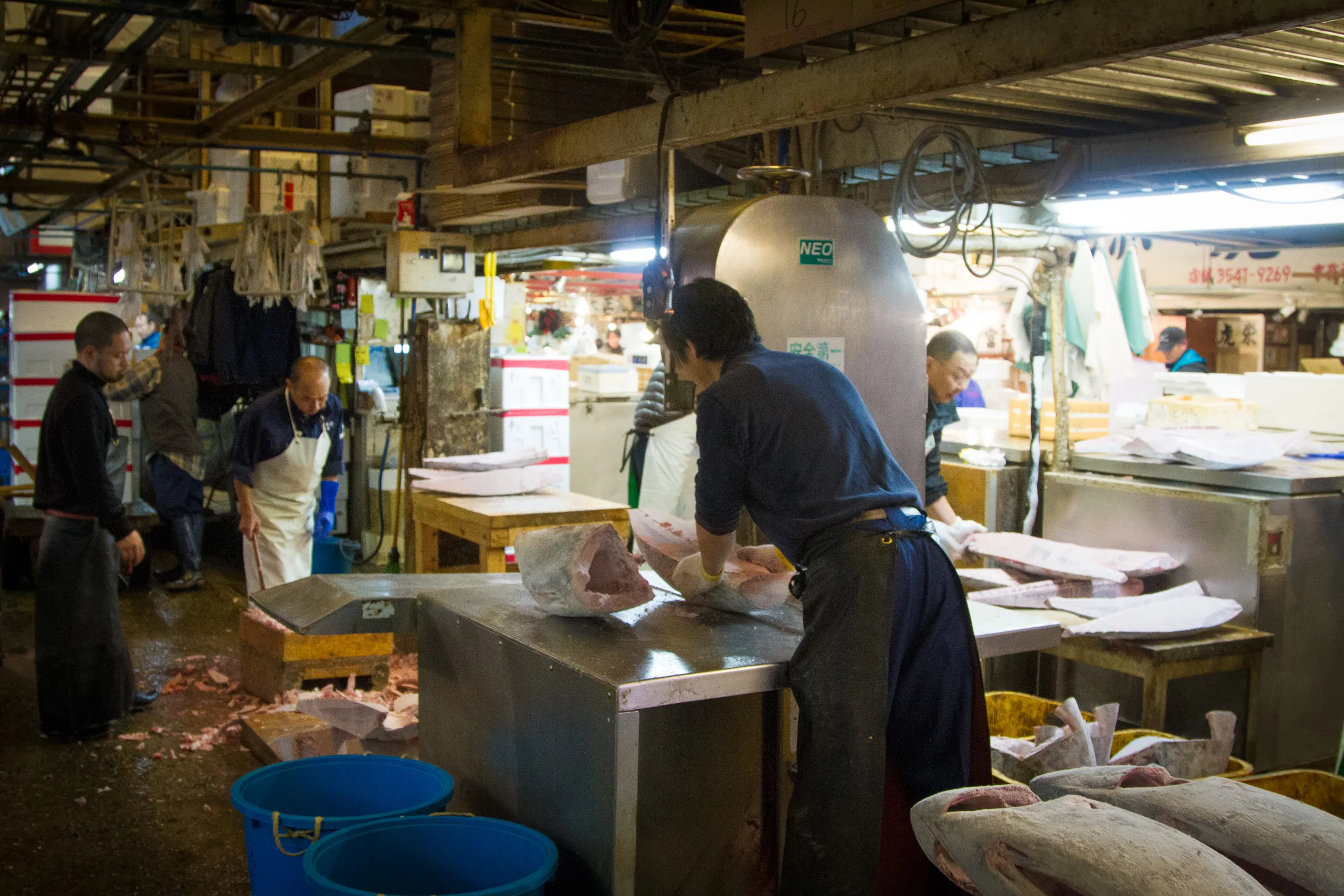 Worker sawing frozen tuna, Tsukiji Fish Market