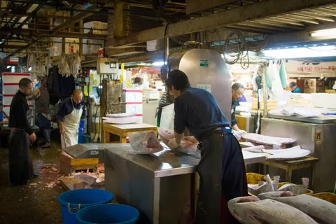 Worker sawing frozen tuna, Tsukiji Fish Market