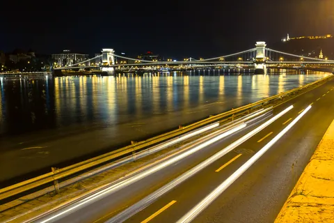 Night Exposure of Chain Bridge and Traffic, Buda
