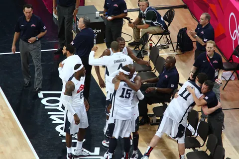 USA team call a timeout with 30 seconds left just to celebrate, USA Spain Olympic Basketball Final, August 12th 2012
