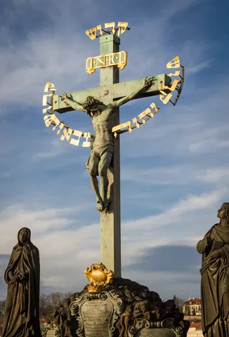 Crucifix at eastern end of Charles Bridge