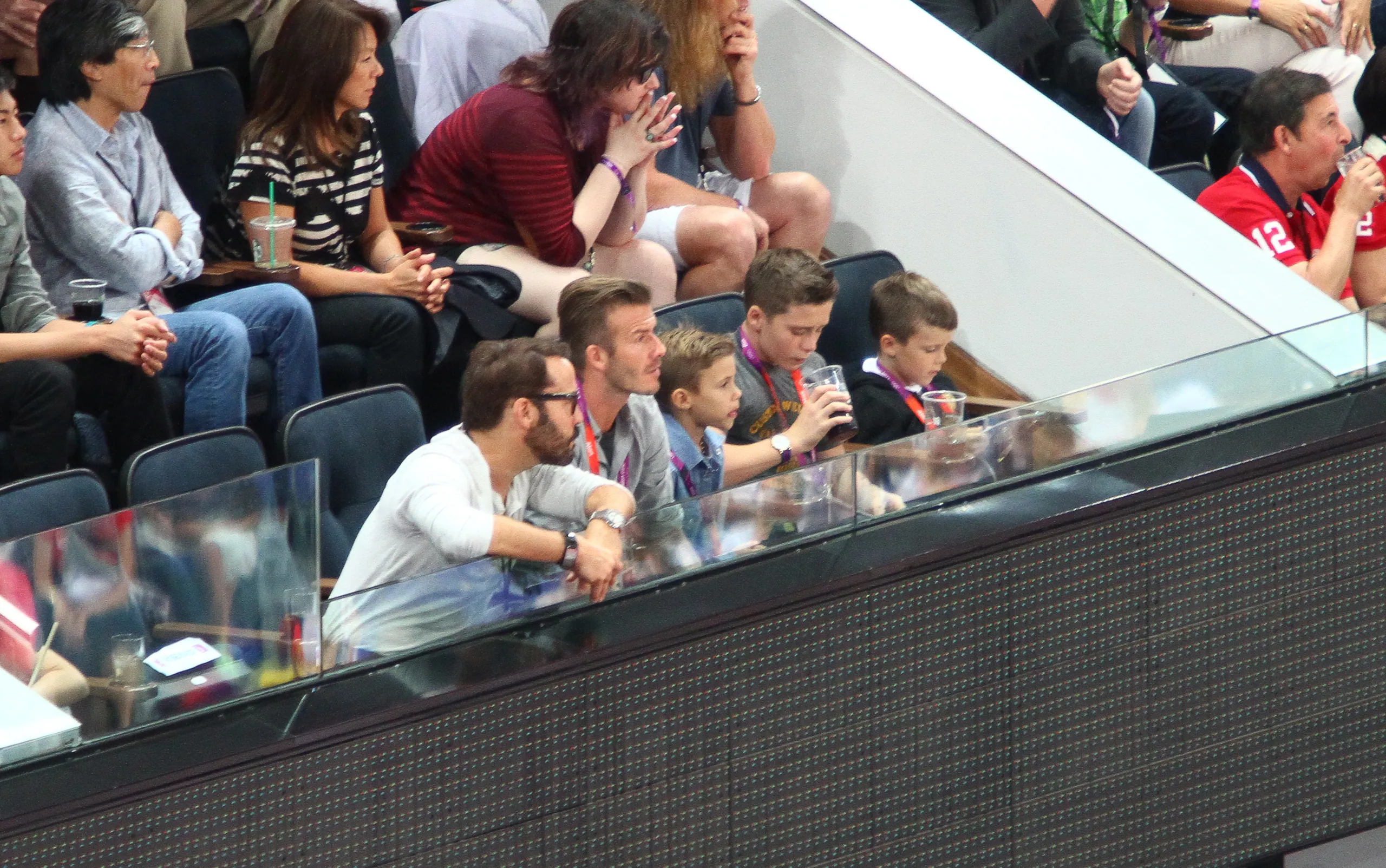 David Beckham and sons enjoy the action, USA Spain Olympic Basketball Final, August 12th 2012