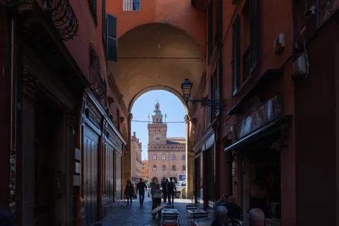 Looking out of the Quadrilatero to the Piazza Maggiore, Bologna