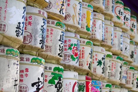 Traditional sake barrel offerings outside Meiji Shrine