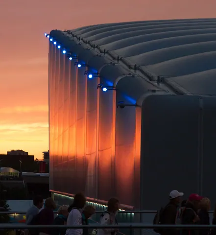Sunset reflected on the Water Polo Arena, Olympic Park