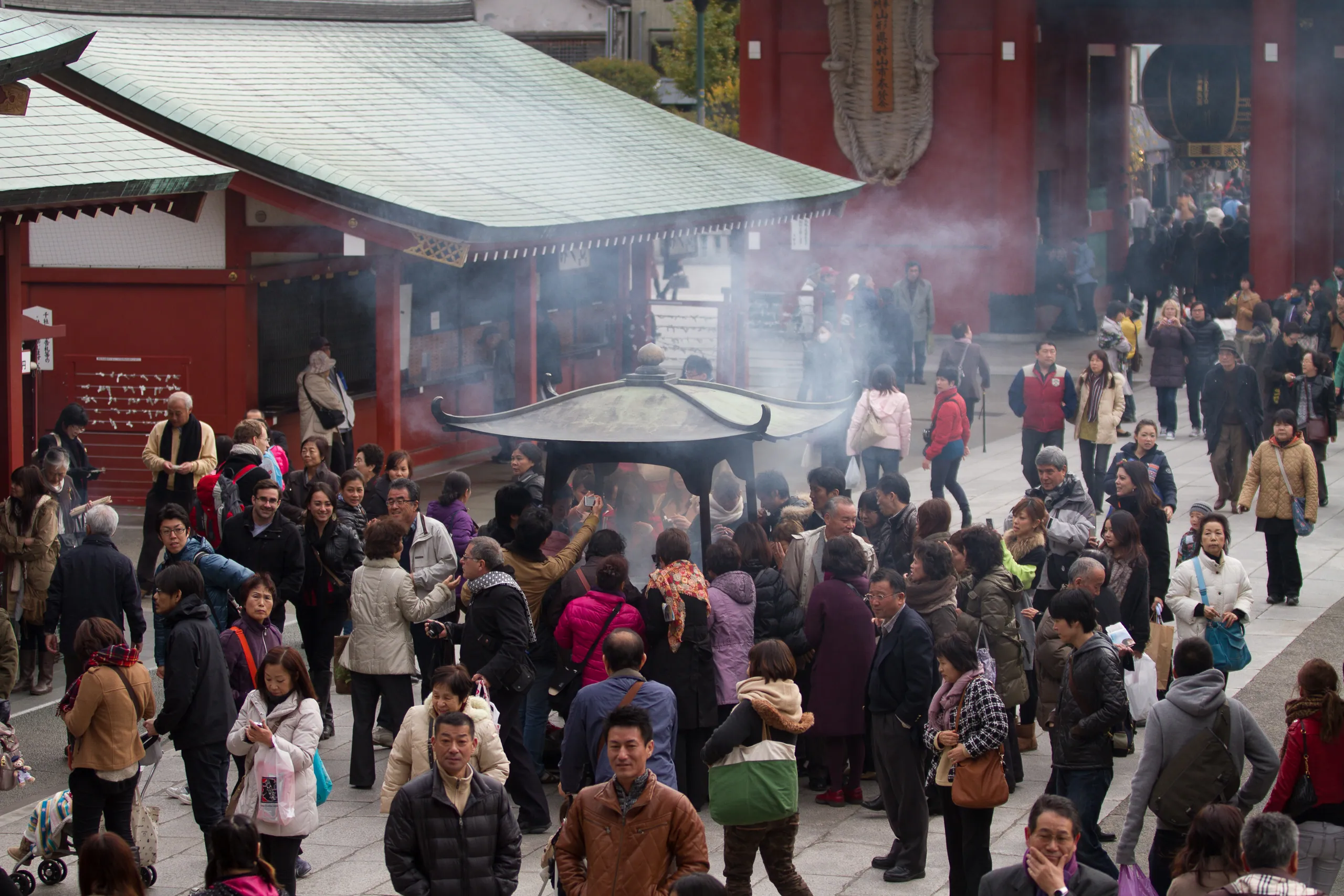Crowds around incense smoke, Senso-ji Temple, Asakusa