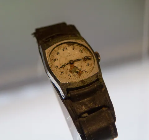 Wrist watch frozen at bomb detonation time, Hiroshima Peace Memorial Museum