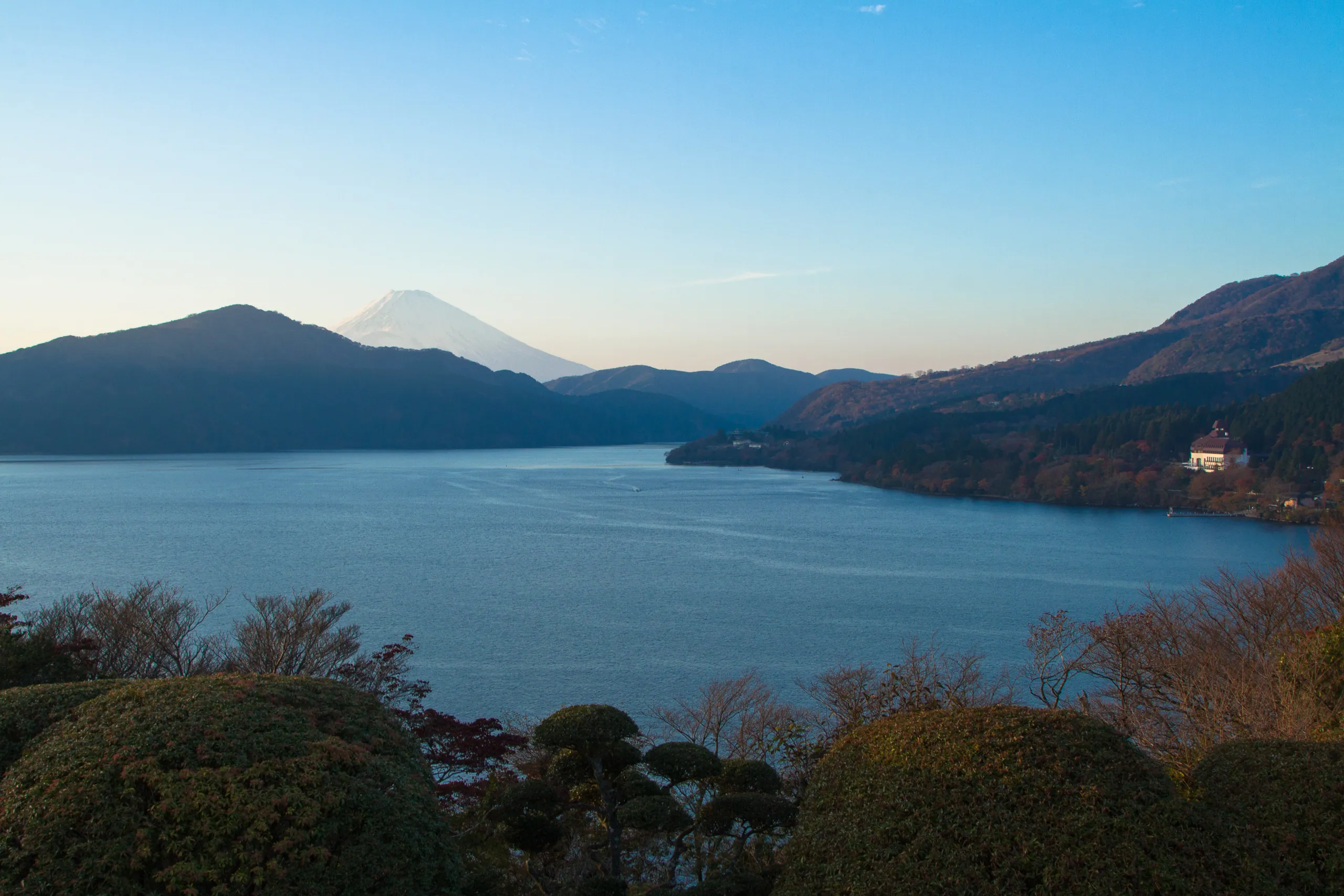 View of Lake Ashinoko and Mount Fuji from Hakone Detached Palace Garden