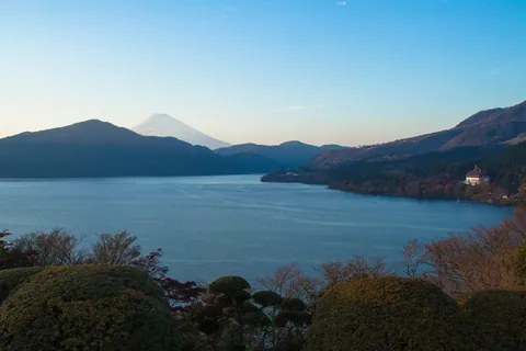 View of Lake Ashinoko and Mount Fuji from Hakone Detached Palace Garden